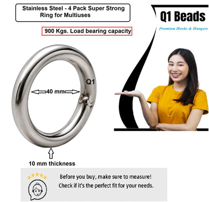 Q1 Beads 4 Pcs. Stainless Steel Ring 900 kgs Load Capacity (10 mm x 60 mm) Heavy Duty & Super Strong Multipurpose Hook for Hanging Jhula Swing Hammock Hook (Silver)