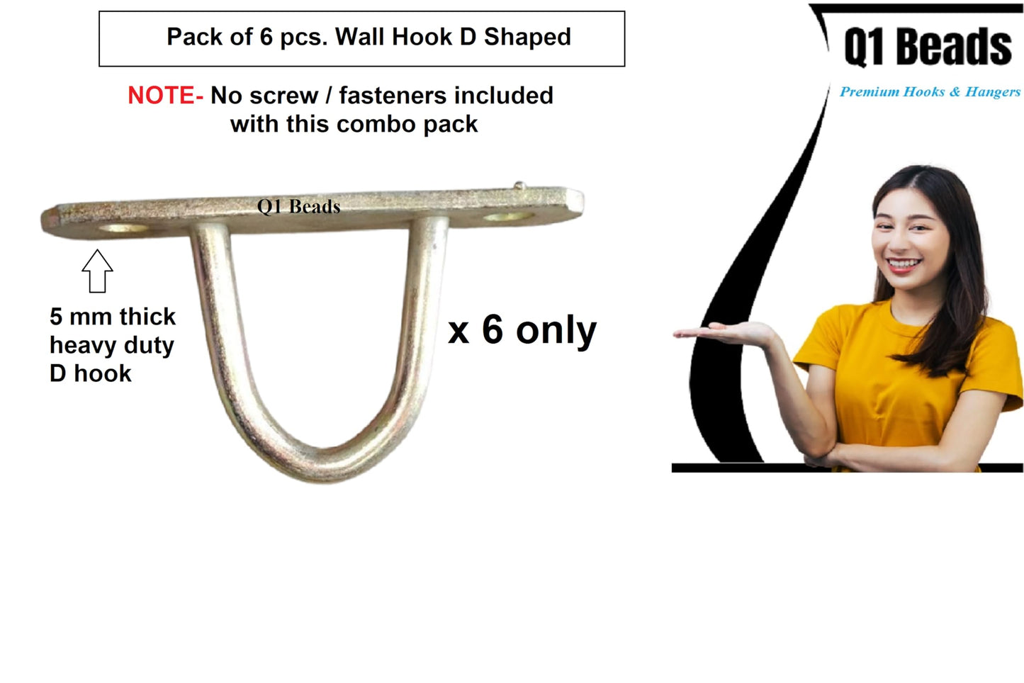 Q1 Beads 6 Pack Metal Heavy Duty & Strong D Shaped Wall Hook for Ceiling Hanging Swing,Jhula & Hammock(Golden)