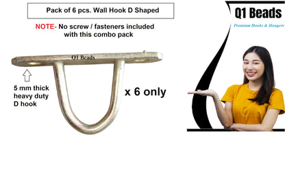 Q1 Beads 6 Pack Metal Heavy Duty & Strong D Shaped Wall Hook for Ceiling Hanging Swing,Jhula & Hammock(Golden)