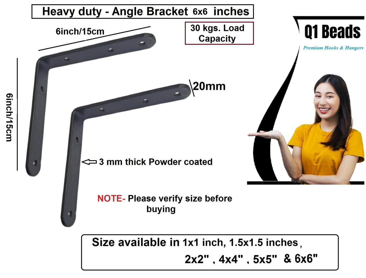 Q1 Beads 2 Pack Metal 6 x 6 inches Heavy Duty 30 Kgs. Load Capacity L Clamp Angle Bracket L Bracket for Wall Shelf,Rack, Home,Shop, Showroom (6x6 Inches, Black Powder Coated)