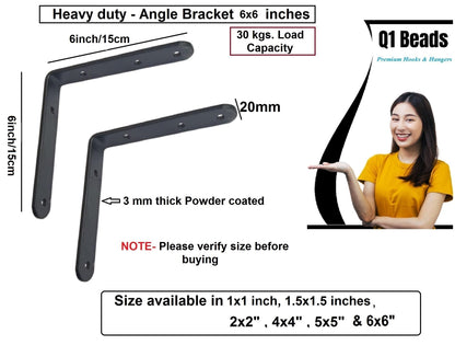 Q1 Beads 2 Pack Metal 6 x 6 inches Heavy Duty 30 Kgs. Load Capacity L Clamp Angle Bracket L Bracket for Wall Shelf,Rack, Home,Shop, Showroom (6x6 Inches, Black Powder Coated)