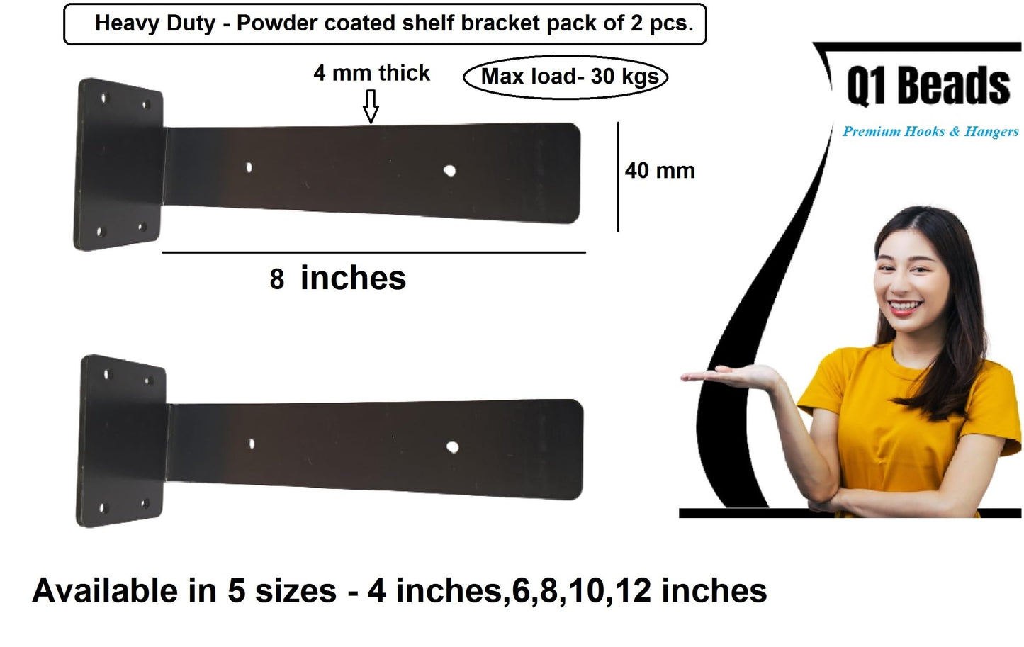 Q1 Beads 2 Pack Metal Heavy Duty(4mm) Thick 40 Kgs. Load Capacity Shelf Bracket, Heavy Duty Floating Bracket for Shelves,Black Powder Coated Wall Shelf Support Brackets