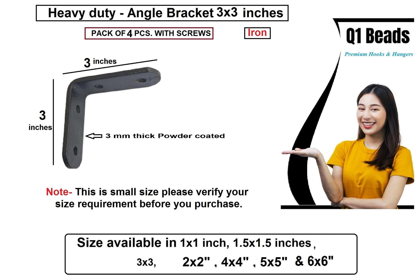 Q1 Beads 4 Pack Metal 3 x 3 inches Heavy Duty 30 Kgs. L Clamp Shelf Bracket 30 kgs Load Capacity Angle Bracket L Bracket for Wall Shelf,Rack, Home,Shop, Showroom (76x76 mm, Black Powder Coated)