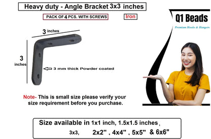 Q1 Beads 4 Pack Metal 3 x 3 inches Heavy Duty 30 Kgs. L Clamp Shelf Bracket 30 kgs Load Capacity Angle Bracket L Bracket for Wall Shelf,Rack, Home,Shop, Showroom (76x76 mm, Black Powder Coated)