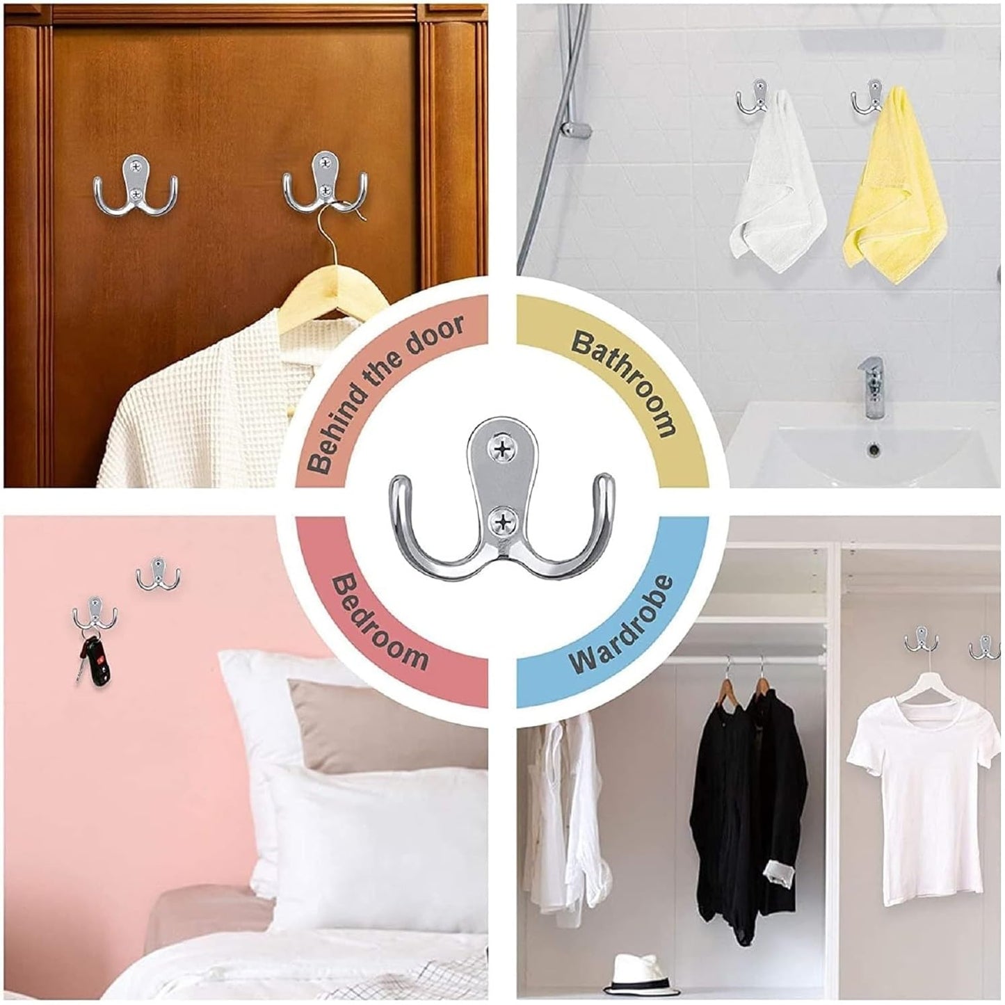 Q1 Beads Stainless Steel Double J Hooks Heavy Duty with Screws & Fishers (Chrome) -Pack of 4 Pcs.