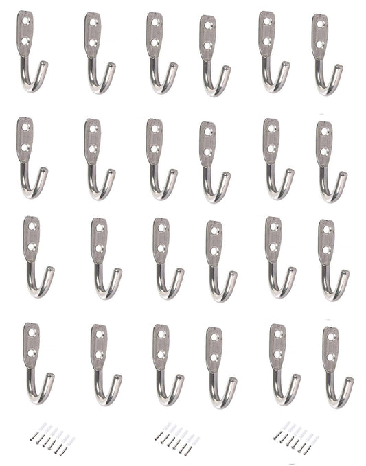 Q1 Beads 24 Pcs. Stainless Steel 30 Kgs Load Capacity Heavy Duty(6mm) J Hook Wall Hook Hanger for Hanging on Bathroom Door,Clothes, Robe, Keys (Chrome)