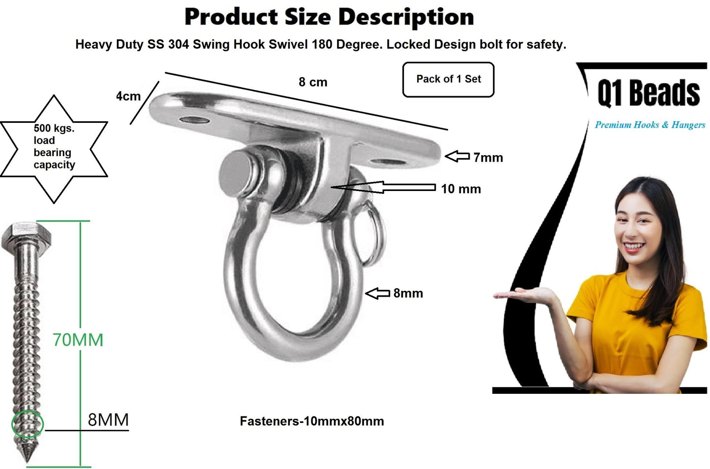Q1 Beads 304 Stainless Steel Swivel Swing Hook Hanger 500 Kgs Load Capacity Heavy Duty Ceiling Hook Rotating Kada for Hanging Swing, Hammock,Playing Jhula,Playground, Porch, Yoga Seat (Chrome,1 Pc.)