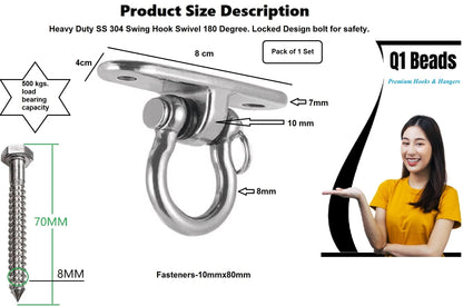 Q1 Beads 304 Stainless Steel Swivel Swing Hook Hanger 500 Kgs Load Capacity Heavy Duty Ceiling Hook Rotating Kada for Hanging Swing, Hammock,Playing Jhula,Playground, Porch, Yoga Seat (Chrome,1 Pc.)