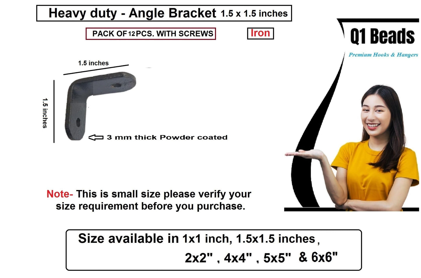 Q1 Beads 12 Pack Metal 1.5 x 1.5 inches Heavy Duty (3 mm) L Brackets Clamp - Right Angle Brace for Wood Furniture & Metal, Includes 24 Screws (1.5 x 1.5 Inches, Black Powder Coated)