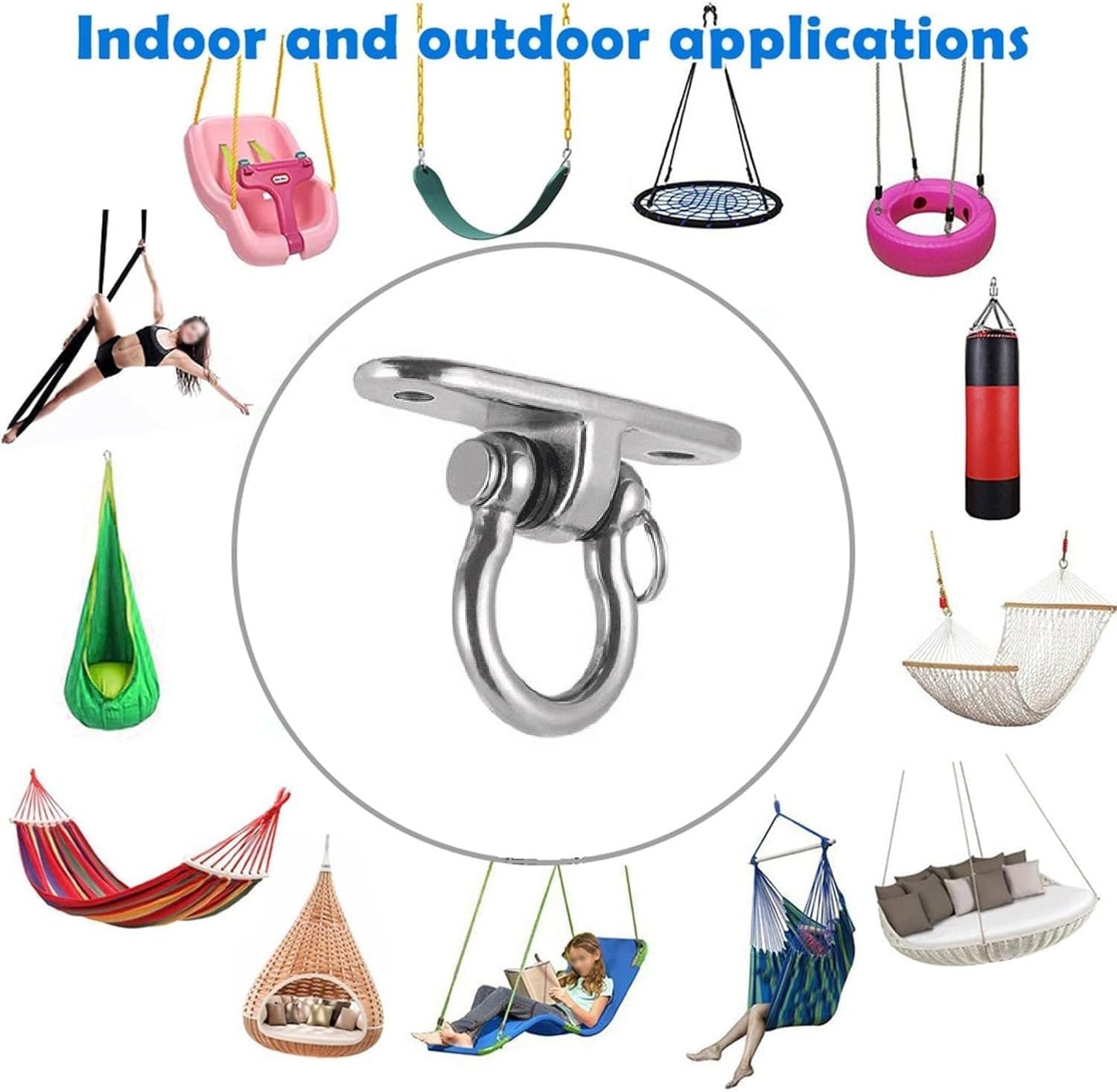 Q1 Beads 304 Stainless Steel Swivel Swing Hook Hanger 500 Kgs Load Capacity Heavy Duty Ceiling Hook Rotating Kada for Hanging Swing, Hammock,Playing Jhula,Playground, Porch, Yoga Seat (Chrome,1 Pc.)