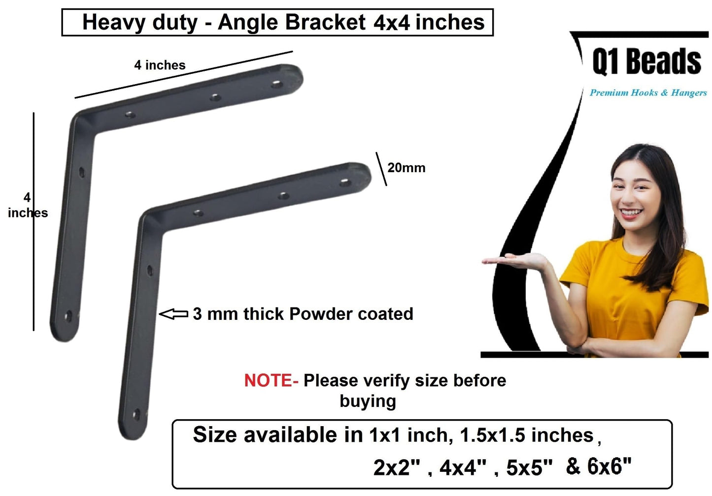 Q1 Beads 4 Pack Metal 4 x 4 inches Heavy Duty 30 Kgs. Load Capacity L Clamp Angle Bracket L Bracket for Wall Shelf,Rack, Home,Shop, Showroom (4 x 4 Inches, Black Powder Coated)