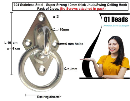 Q1 Beads 2 Pcs. 304 Stainless Steel 900 Kgs Load Capacity Ceiling Hook Kada Swivel Swing Hook Hanger Heavy Duty Ceiling Hook Rotating Kada for Hanging Swing(Chrome,Ring Hook)