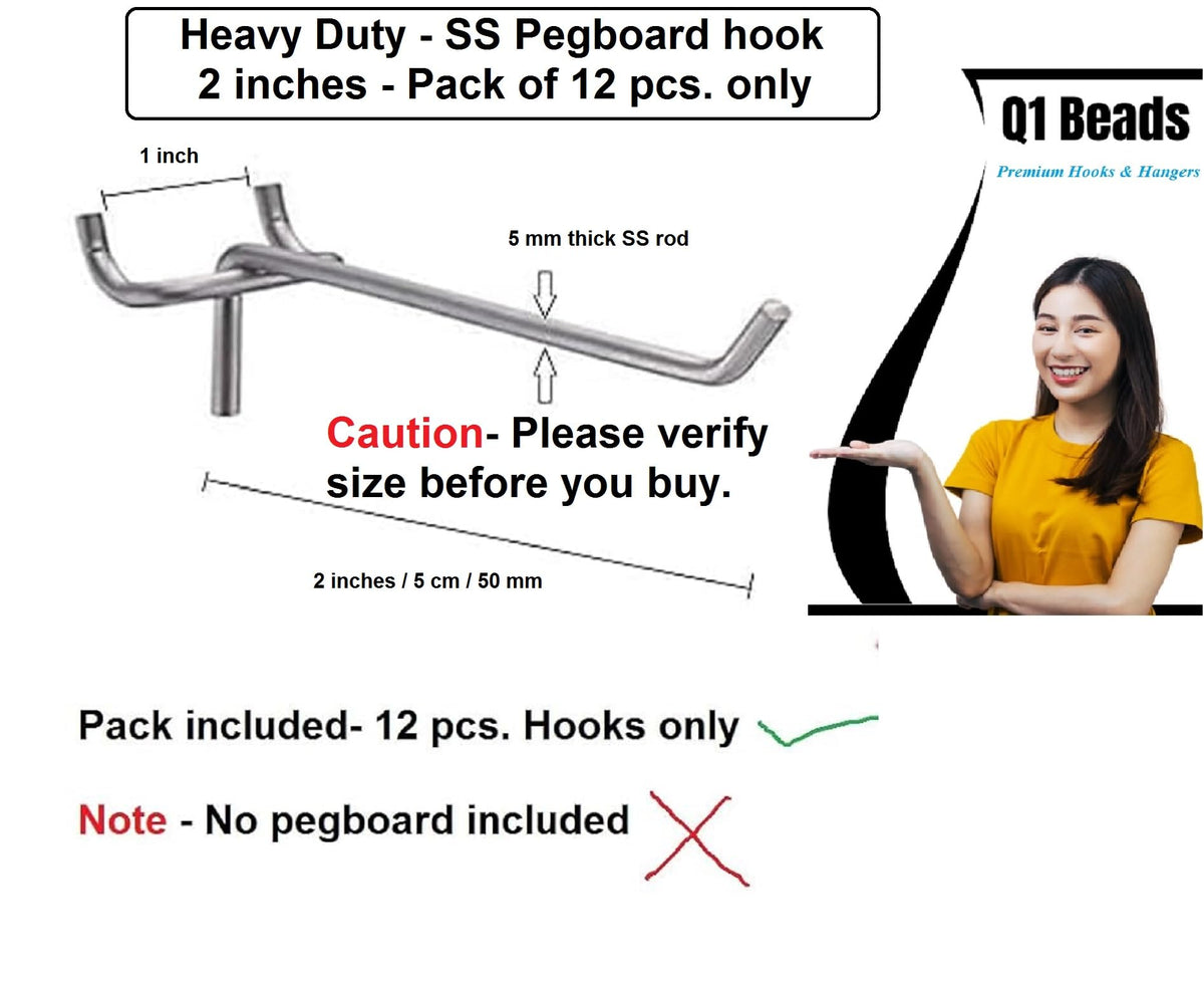 Q1 Beads 12 Pack 2" Heavy Duty Peg Hooks for 1 Spaced Pegboards, Utility Hooks for Wall Organizing in Home or Garage (Chrome, 2 inches, 12 Pcs)