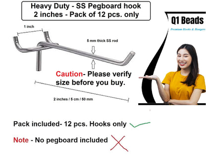 Q1 Beads 12 Pack 2" Heavy Duty Peg Hooks for 1 Spaced Pegboards, Utility Hooks for Wall Organizing in Home or Garage (Chrome, 2 inches, 12 Pcs)