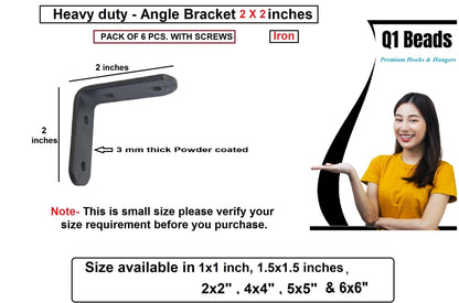 Q1 Beads 6 Pack Metal 2 x 2 inches Heavy Duty (3 mm) L Brackets Clamp - Right Angle Brace for Wood Furniture & Metal, Includes 24 Screws (2 x 2 Inches, Black Powder Coated)