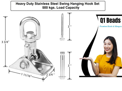 Q1 Beads 304 Stainless Steel 500 Kgs Load Capacity Swivel Swing Hook Hanger Heavy Duty Ceiling Hook Rotating Kada for Hanging Swing, Hammock,Playing Jhula,Playground, Porch, Yoga (Chrome,1 Pc.)