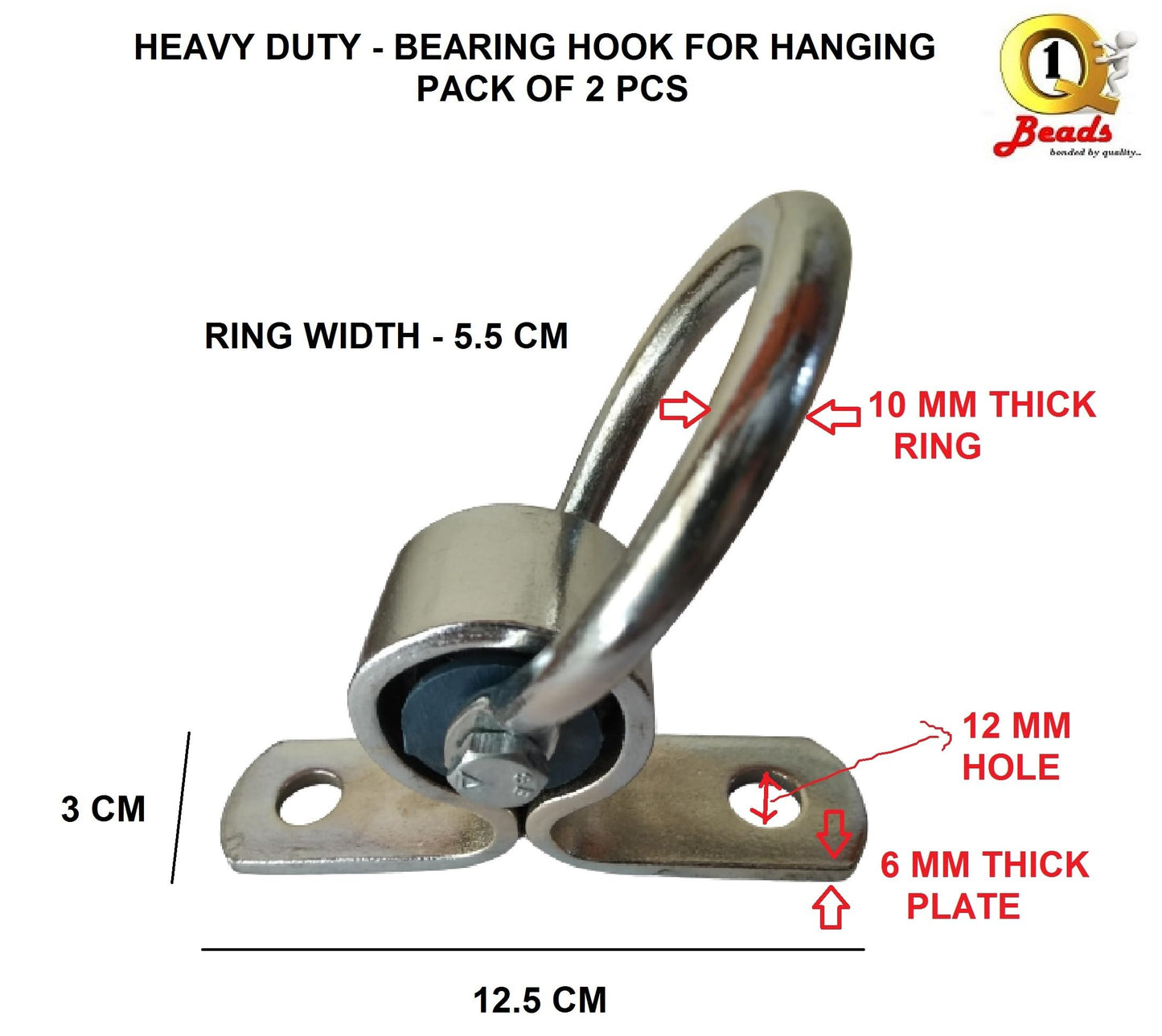 Q1 Beads 2 Pcs Set Metal Round Kada Heavy Duty Wall Hook for Ceiling Hanging Swing Chandelier Baby Swing Punching Bag Fan Jhula Hammock with 4 inches (10mm x 100mm) fasteners 4 Nos.