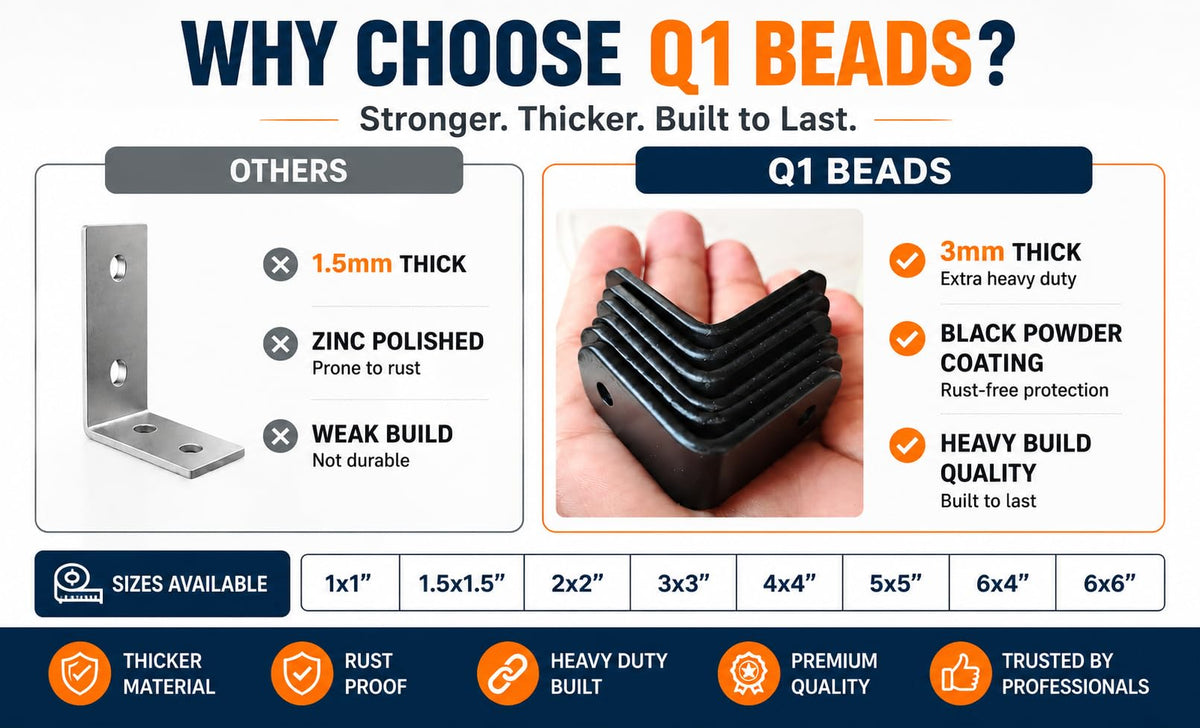 Q1 Beads Metal Heavy Duty (3 mm) L Angle Bracket Clamp - Right Angle Brace for Wood Furniture & Metal, Includes Screws (Black Powder Coated)