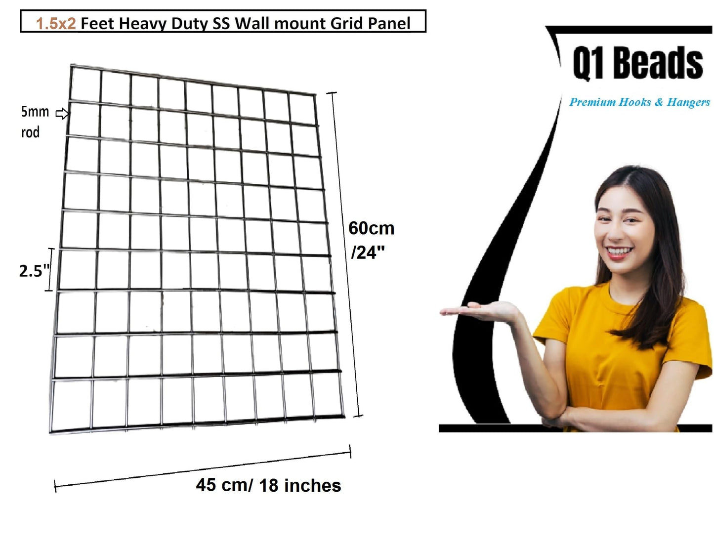 Q1 Beads Steel Grid Wall Mesh 1.5x2 feet(45 x 60 cm) Display Stand Rack with 6 inch Jaali Hook 6 Pcs. for Retail Display|Shop|Showroom|Kitchen| Hanging Accessories|Photo 5 MM SS Rod (Chrome)