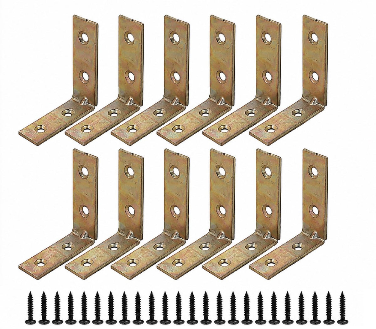 Q1 Beads 12 Pack Metal 1.5x1.5 inches L Brackets Clamp Floating Bracket for Shelf - Right Angle Bracket for Wood Furniture & Metal,with 24 Screws (38x38mm, Zinc Plated- Golden)