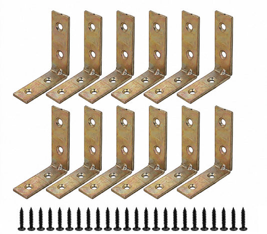 Q1 Beads 12 Pack Metal 1.5x1.5 inches L Brackets Clamp Floating Bracket for Shelf - Right Angle Bracket for Wood Furniture & Metal,with 24 Screws (38x38mm, Zinc Plated- Golden)