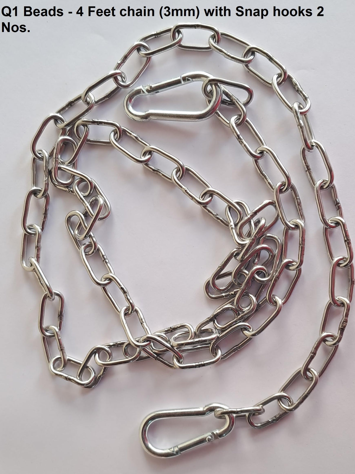 Q1 Beads 3 mm Stainless Steel Chain 4 Feet Long with 2 Pcs. Snap Hook (5 mm x 50 mm) Lightweight, Utility, Garden Hanging Plants/pots – Balcony or Indoor décor (Chrome)-Pack of 1