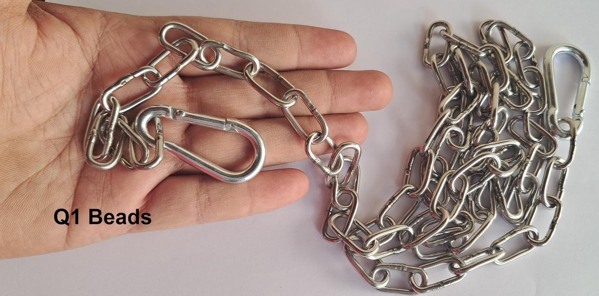 Q1 Beads 3 mm Stainless Steel Chain 4 Feet Long with 2 Pcs. Snap Hook (5 mm x 50 mm) Lightweight, Utility, Garden Hanging Plants/pots – Balcony or Indoor décor (Chrome)-Pack of 1