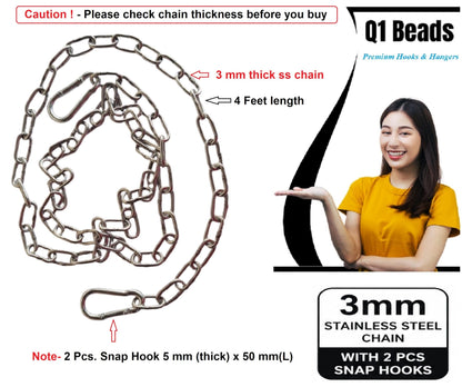 Q1 Beads 3 mm Stainless Steel Chain 4 Feet Long with 2 Pcs. Snap Hook (5 mm x 50 mm) Lightweight, Utility, Garden Hanging Plants/pots – Balcony or Indoor décor (Chrome)-Pack of 1