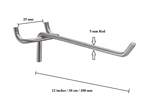Q1 बीड्स 12 पैक 12" हैवी ड्यूटी पेगबोर्ड हुक किट पेग हुक 1" स्पेस वाले पेगबोर्ड के लिए, घर या गैरेज में दीवार के आयोजन के लिए उपयोगिता हुक (क्रोम, 12 इंच, 12 पीसी)