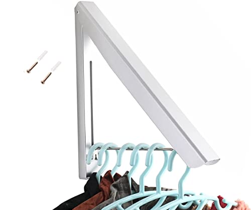 Q1 Beads Wall Mount Retractable Closet Organizer Folding Drying Rack,Wall Drope Hanger for Cloth Organizer (Metal + Plastic, White, 1 Pack)