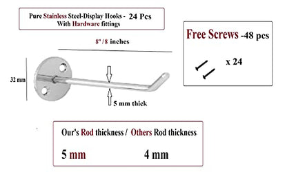 Q1 Beads 24 Pcs. 8" Steel Wall Mount Display Hook Pure SS Rod Display Hooks for Mobile Shop/Showroom/Boutique/Supermarket- Heavy Duty with Hardware Fittings(8 Inches,24 Pcs)