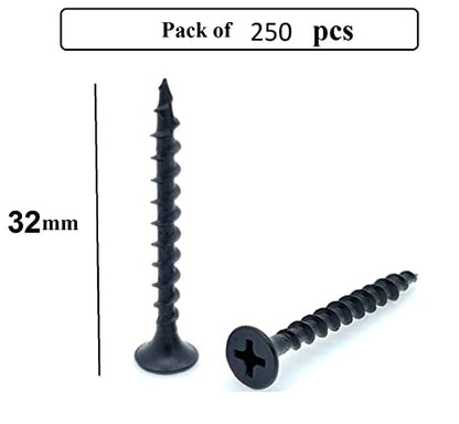 Q1 Beads 250 Pcs/32 mm Philips Bugle Head Drywall Star Screw Black For Fixing Wood, Plywood, Plasterboard Gypsum Screw (Black, 1.25 Inches / 32x6 MM Screw) - Pack of 250