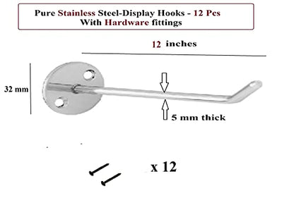 Q1 Beads 12 Pcs 12" Stainless Steel Wall Mount Display Hook Hanger Combo for Showroom/Mobile Shop/Wall Mount/Clothes and Hanging Accessories Pack of 12, (12 Inch)