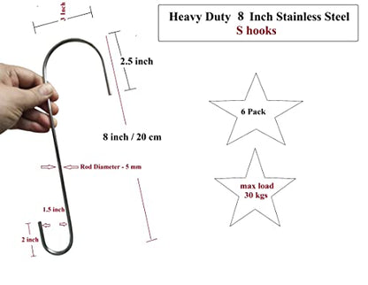 Q1 बीड्स 6 पैक स्टेनलेस स्टील 8" इंच S हुक हैवी ड्यूटी हैंगर हुक लटकाने के लिए (क्रोम)