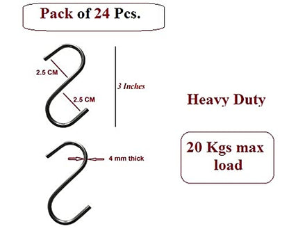 Q1 Beads Pure Stainless Steel S Hooks S-Shaped 3 Inches Hanger for Kitchen/Hanging Pots/Bathroom/Outdoor (Silver , 3 inches , 24 Pieces )