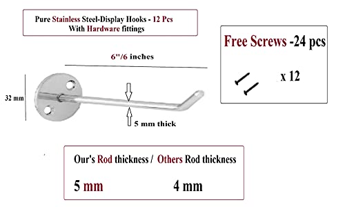 Q1 Beads 12 Pcs 6" Inch Stainless Steel Wall Mount Display Hook for Mobile Shop, Stationary Shop, Showroom, Boutique with Hardware Fittings(6 Inches,12 Pcs)