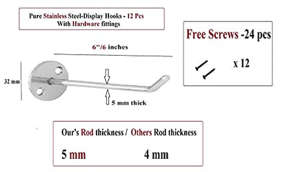 Q1 Beads 12 Pcs 6" Inch Stainless Steel Wall Mount Display Hook for Mobile Shop, Stationary Shop, Showroom, Boutique with Hardware Fittings(6 Inches,12 Pcs)