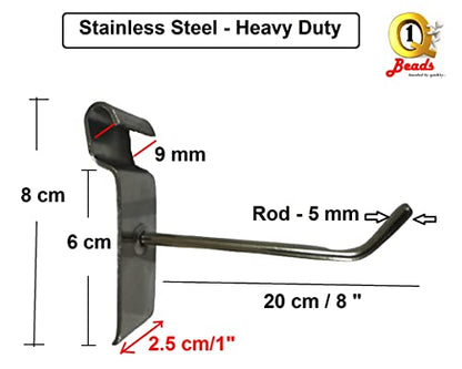 Q1 மணிகள் 12 பிசிக்கள் 8" ஸ்டெயின்லெஸ் ஸ்டீல் கிரிட்வால் டிஸ்ப்ளே ஹூக் ஹேங்கர் ஃபார் கிரிட் ஷெல்ஃப் ஹூக் கிரிட் பேனல் ஹூக்ஸ், ஷோரூம், மொபைல் ஷாப் (8 இன்ச்) பேக் ஆஃப் 12