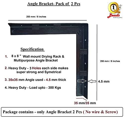 Q1 Beads 2 Pack 200 mm Metal Heavy Duty 300 kgs Capacity Wall Mount Angle Bracket L Bracket Industrial Grade for Drying Clothes ,Wall Shelf, Shop, Showroom, Rack - Multipurpose (8 x 8 inches , Powder Coated)