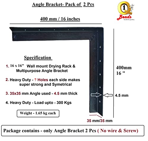 Q1 Beads 2 Pack 400 mm Metal Heavy Duty 300 kgs Capacity Wall Mount Angle Bracket L Bracket Industrial Grade for Drying Clothes,Wall Shelf, Shop, Showroom, Rack - Multipurpose (16 x 16", Powder Coated)