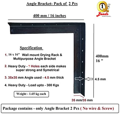 Q1 Beads 2 Pack 400 mm Metal Heavy Duty 300 kgs Capacity Wall Mount Angle Bracket L Bracket Industrial Grade for Drying Clothes,Wall Shelf, Shop, Showroom, Rack - Multipurpose (16 x 16", Powder Coated)