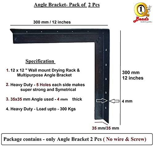 Q1 Beads 2 Pack 300 mm Metal Heavy Duty 300 kgs Capacity Wall Mount Angle Bracket L Bracket Industrial Grade for Drying Clothes ,Wall Shelf, Shop, Showroom, Rack - Multipurpose (12 x 12" , Powder Coated)