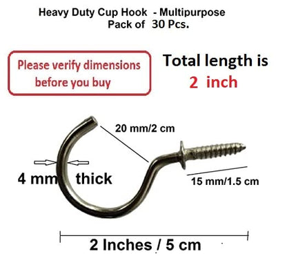 Q1 Beads 30 Pcs 2 Inch Steel Cup Hook Ceiling Hooks J Hook Heavy Duty for Hanging Indoor & Outdoor(Chrome, 2 Inches) - Pack of 30 Pieces