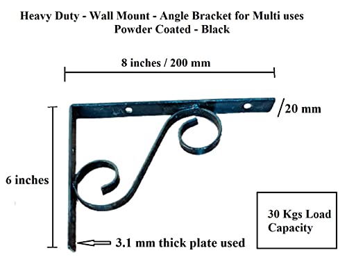 Q1 Beads 6 Pack 8" inch Right Angle Bracket L Shaped for Wall Shelf, Shop, Showroom, Rack (8 x 6 Inches, Black Powder Coated)