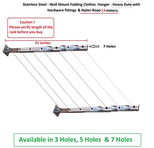 Q1 बीड्स स्टेनलेस स्टील वॉल माउंट क्लॉथ ड्रायर स्टैंड क्लॉथ ड्रायर फोल्डेबल हैंगर स्टैंड रस्सी और स्क्रू के साथ (1 सेट, क्रोम, 7 छेद)