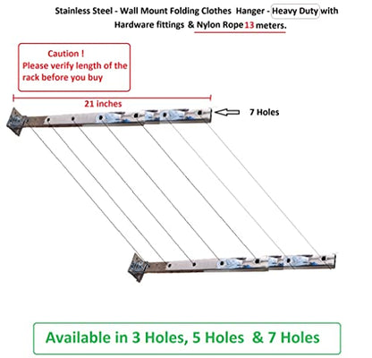 Q1 बीड्स स्टेनलेस स्टील वॉल माउंट क्लॉथ ड्रायर स्टैंड क्लॉथ ड्रायर फोल्डेबल हैंगर स्टैंड रस्सी और स्क्रू के साथ (1 सेट, क्रोम, 7 छेद)
