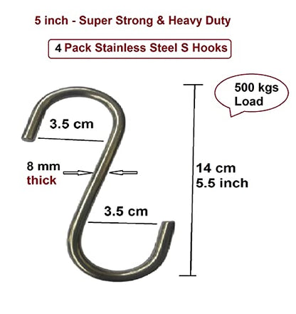 Q1 Beads 4 Pack 5" inch Stainless Steel S Shaped S Hooks Heavy Duty for Hanging in Workshop,Ceiling Fan, Swing/Jhoola (8 mm Rod, 4 Pcs)