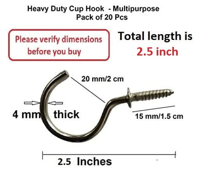 Q1 Beads 2.5" Inch Steel Cup Hook J Hooks - Pack of 20 Pieces (Chrome)