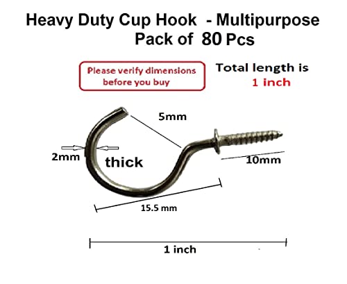 Q1 Beads 1" Inch Steel Cup Hook J Hooks - Pack of 80 Pieces (Chrome)