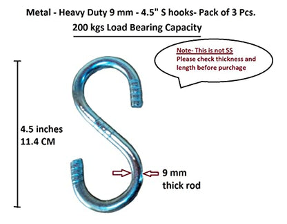 Q1 Beads 3 Pack 4.5" inch Metal Heavy Duty 9 mm S Hooks for Hanging Swing, Fan, Hanging in Workshop, 200 kgs Load Cap (4.5 inch, Chrome)